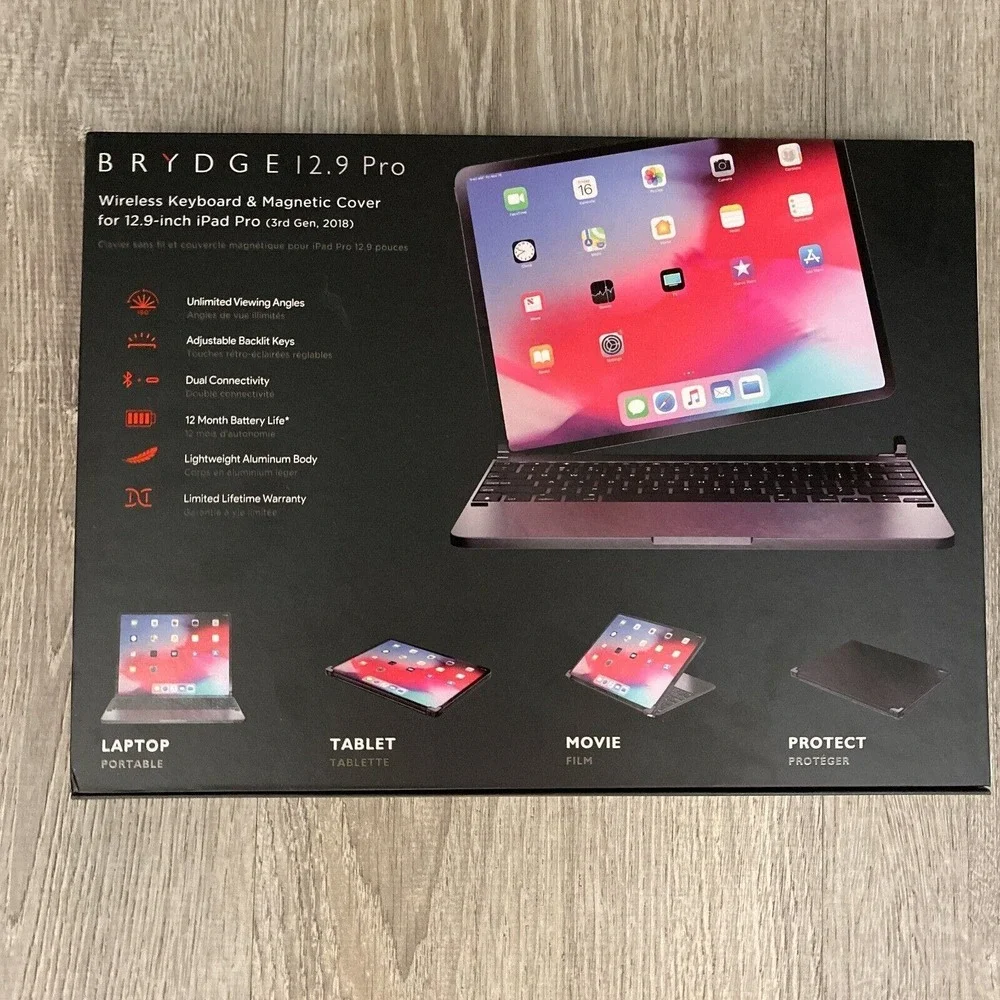 Brydge 12.9 iPad Pro 3rd & 4th Wireless Bluetooth Keyboard w/ Backlit Keys Gray‎
